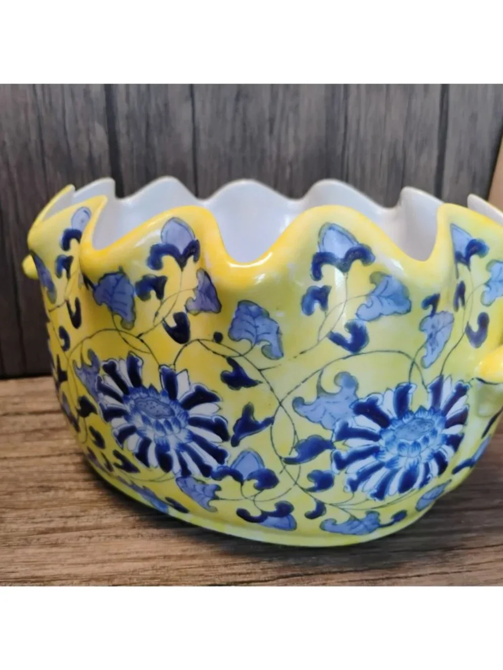 Vintage Andrea by Sadek Chinoiserie Footbath Bowl, Yellow Blue Porcelain Planter